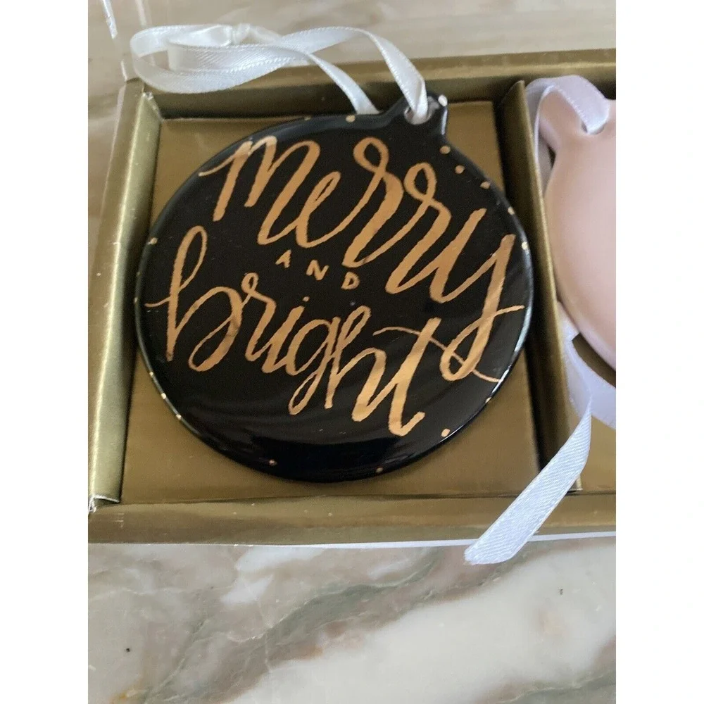 Ceramic Christmas Ornaments‎ Set of 3 Black Pink Gold Merry and Bright